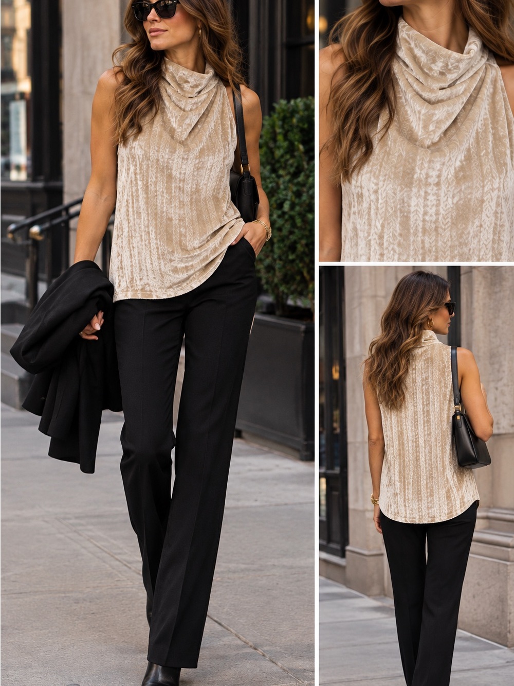 Entro Champagne Velvet Cowl Neck Top M Quiet Luxury 90s Holiday